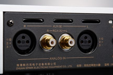 Primo piano frontale di un pannello posteriore in metallo nero con due connettori XLR circolari neri, due prese RCA cilindriche dorate con isolante bianco e iscrizioni tecniche dorate