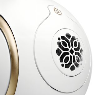 Enceinte DEVIALET Phantom Ultimate 98 dB Opéra de Paris -stereo, valkoinen, kultametallinen rengas, koristeristikko, lähikuva