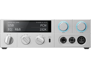 FiiO K15 silver headphone preamp, aluminum casing, front view, black screen, two large knobs, USB-C and 4-pin XLR