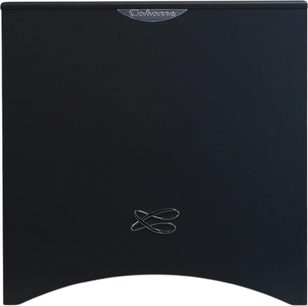 Santorin 17 M2 subwoofer sort, frontvisning, glat sort overflade, metal-logo øverst og sølvfarvet mønster nederst
