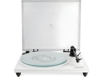 Gramofon Gold Note T-5 bílý, talíř z matného skla, černé raménko a otevřený průhledný kryt