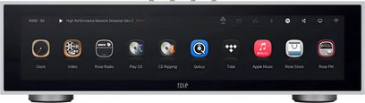 Netzwerk-Audioplayer RS151 schwarz mit rechteckigem Frontdisplay, das farbige Symbole anzeigt, geradlinigem Gehäuse, runden Füßen