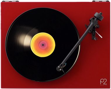 Red Rega Planar 2 turntable, top view, black record and black tonearm with Nd3 cartridge
