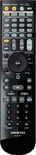 Sort Onkyo RC-810M fjernbetjening med multifunktionsknapper til at styre TX-NR 809 sort hjemmebiografsforstærker