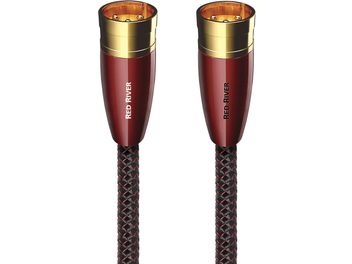 Cable de audio analógico AudioQuest Red River XLR con conectores rojos y dorados, funda trenzada negra y roja