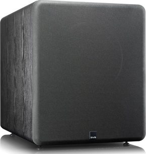 Subwoofer SVS PB-2000 Pro in nero cenere, finitura in frassino nero. Forma cubica, angoli arrotondati, griglia nera sul lato anteriore