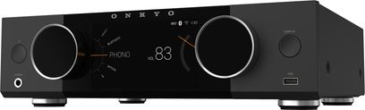 Stereo hi-fi zesilovač Onkyo Y-40 černý, přední panel s dvojitým otočným knoflíkem a centrálním displejem zobrazujícím PHONO VOL 83