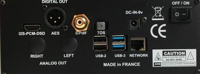 Pannello posteriore di un lettore audio di rete 3D Lab Nano network transport sonata V5 con varie connessioni audio e di rete
