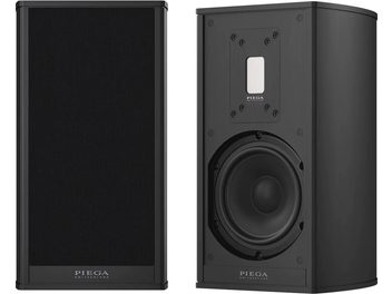 Brezžični zvočnik Piega Premium 301 Wireless Gen2 črn, pogled od spredaj in s strani, sprednja mreža in vidni zvočnik
