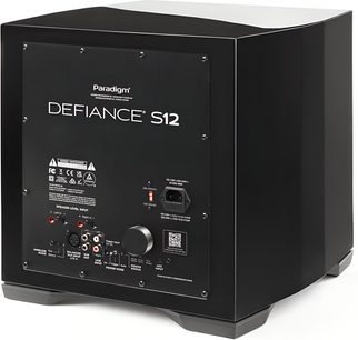 Paradigm Defiance S12 gloss black subwoofer, metal rear panel, RCA knob and power socket, 3/4 rear view