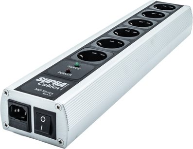 Múltipla para-surtos Supra MainBlock MD06-EU/SP MK3 com 6 tomadas pretas, interruptor, caixa metálica retangular nervurada