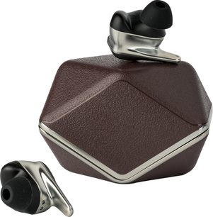 Hifiman Svanar Wireless LE trådløse hovedtelefoner, sorte og sølvfarvede in-ear høretelefoner, brun tekstureret etui