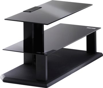 Erard First 2581 sort TV-møbel, 2 rektangulære hylder i sort glas på centralt rektangulært stativ, 3/4 frontvisning