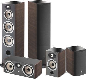 Sada sloupových reproduktorů Focal Aria 948 ořech, 5 reproduktorů z tmavého dřeva, 3 různé pohledy, čelní strany s reproduktory