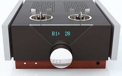 Preamplificatore stereo Pathos InControl Mk2 nero, vista frontale, display digitale blu, manopola rotante argentata, due prese per cuffie