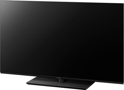Panasonic TX-48LZ980E OLED 48" TV, sort skærm, frontvisning, på sort rektangulært stativ