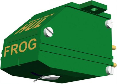 Testina per giradischi hi-fi verde con iscrizioni dorate, viti argentate, connettori cilindrici dorati e puntina visibile nella parte inferiore
