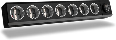 Multipresa nera EAT Essential Audio Tools MM7 con 7 prese Schuko argentate, vista frontale