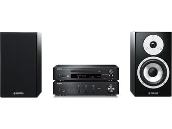 Yamaha MCR-N870D juoda/blizgančio juodo lako mini Hi-Fi sistema, sudaryta iš dviejų garsiakalbių, stiprintuvo su CD grotuvu ir nuotolinio valdymo pulto