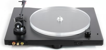 New Horizon 201 sort pladespiller set oppefra, cirkulær sølvfarvet plade, sort tonarm, knapper og stik på bagsiden