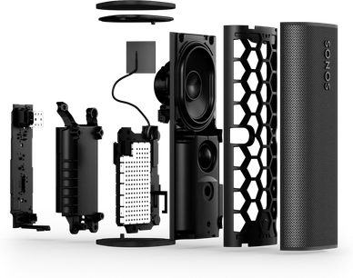 Sistem audio Bluetooth Sonos Roam 2 negru, vedere explodată, componente interne aliniate orizontal, grilă hexagonală, difuzor