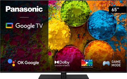 Panasonic TX-65MX700E 65-tommer TV, skærm der viser farvede områder, teknologiske logoer, rent design