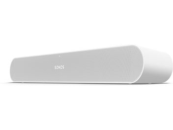 Barra audio Sonos Ray bianca, vista frontale, forma rettangolare allungata arrotondata, griglia metallica su tutta la superficie