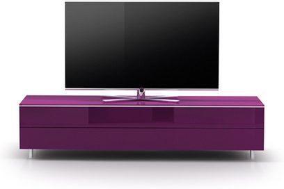 Lilla skinnende Spectral Scala SC1650 TV-bord, skuffe, metalben, sort skærm ovenpå, sort baggrund