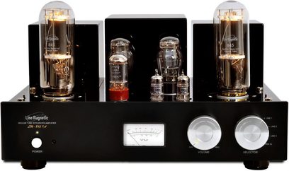 Line Magnetic LM-845IA sort rørvakuumforstærker, front med ravgule VU-metre, forkromede knapper, rørkappe