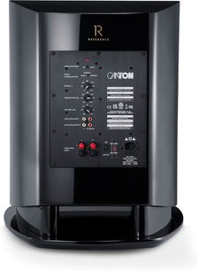 Caisson de grave Canton Reference Sub noir laqué, vue arrière sur panneau de connexions et réglages audio