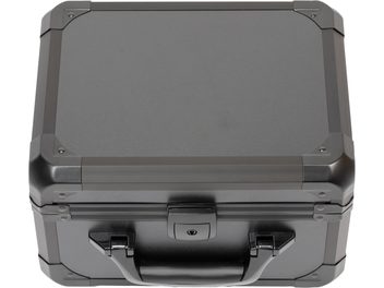 Top view of gray Audeze hard carrying case for LCD, MM, Maxwell headphones with handle and key lock