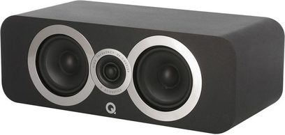 Q acoustics 3090CI sort centerkanal. To runde højttalere og en oval diskanthøjttaler i et rektangulært, matsortkabinet