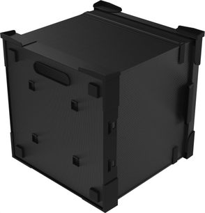 HumminGuru FlexiCube black storage cube with ribbed panels, integrated handles, three-quarter view