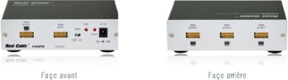 To sorte, rektangulære, elektroniske kabinetter "Real Cable HDD-14b" i sort, med HDMI- og USB-porte på forsiden og HDMI-porte på bagsiden