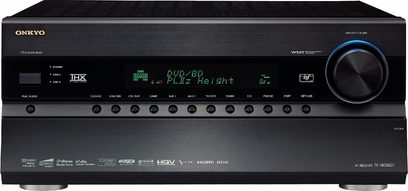 Onkyo TX-NR5007 sort hjemmebiograf-forstærker, front med blå skærm, knapper og drejeknapper til justering
