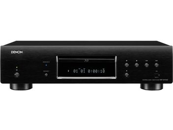 4K Blu-ray přehrávač Denon DBT-3313UD černý, pohled zepředu, digitální displej, tlačítka a konektory na čelním panelu