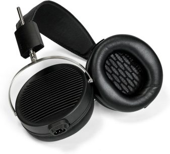 Open-back hi-fi headphones STAX SR-X1, top view, black round ear pads, black headband, black grille, black connector