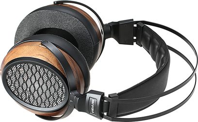 Otevřená hifi sluchátka Sivga P-II ořech, pohled z profilu, mušle ze dřeva a kovu, černý polstrovaný hlavový most, černý pletený kabel