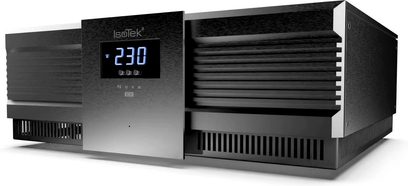 Strömrenare IsoTek EVO3 NOVA svart, perspektivvy, front med blå digital skärm som visar "230", svarta sidogaller