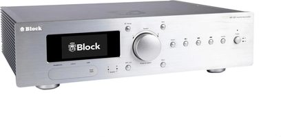Amplificador integrado estéreo Block VR-120 plateado, visto de tres cuartos, con pantalla negra y gran mando central