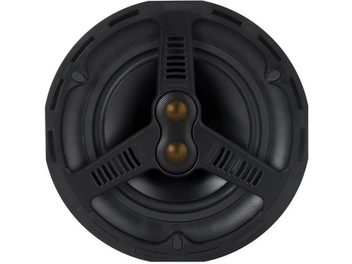Monitor Audio AWC280 T2 iebūvējamā skaļruņu sistēma, tuva priekšējā skata, melna režģa panelis ar diviem zelta skaļruņiem centrā