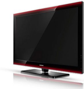 Samsung LE46A756 fladskærms-tv i sort og rød, set forfra, placeret på en blank sort holder