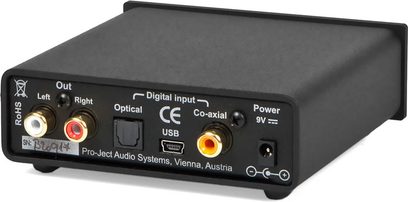 Pro-Ject Dac Box S USB sort audio-konverter, front, optiske koaksiale USB-tilslutninger, 9V strømforsyning, frontvisning