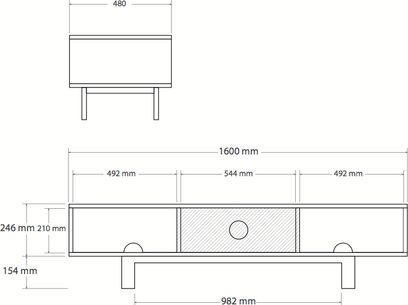 Norstone Design Cinema audio-videomøbel, teknisk diagram med dimensioner i mm, front- og topvisning, 1600 x 480 x 246 mm