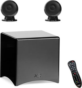 Cabasse CinéOle 2.1 højttalersæt i sort: Kubisk subwoofer, 2 sfæriske satellithøjttalere, fjernbetjening