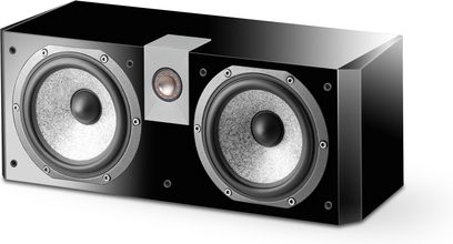 Focal Chorus CC8 W sort, højglans, centralhøjttaler, frontvisning, to runde, sølvfarvede højttalere i et rektangulært, sort kabinet