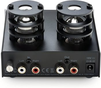 Προενισχυτής phono Pro-Ject Tube Box E μαύρος, πίσω όψη με δύο εμφανείς λυχνίες, είσοδοι και έξοδοι RCA αριστερά δεξιά