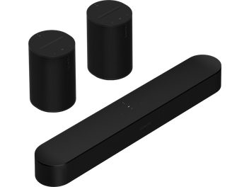 Sonos Beam (Gen 2) heliriba, kaks Era 100 kõlarit, matt must, minimalistlik disain, perforeeritud võred