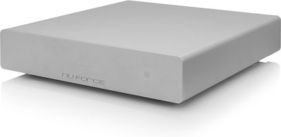 High-fidelity power amplifier Nuforce STA-120 silver, light gray flat rectangular chassis, top view