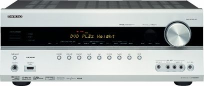 Onkyo TX-SR607 sort hjemmebiografsforstærker, frontpanel, frontvisning, display "DVD PLIIz Height", knapper og drejeknap